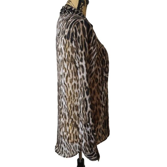Michael Michael Kor Leopard Print Blouse Semi Sheer Roll Tab Button Up Small - Picture 6 of 7